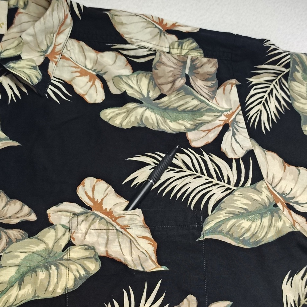 Kahala Mens XL Tropical Leaf Print Button Front Shirt Black Rayon Linen Blend - Picture 5 of 9